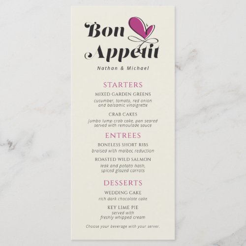 Bon Appetit Wedding Dinner Magenta Cream Menu