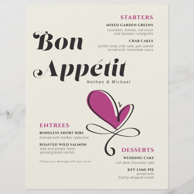 Bon Appetit Wedding Dinner Paper Sheet (Front)