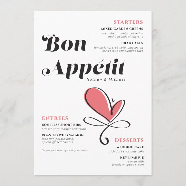 Bon Appetit Wedding Dinner Salmon Heart Menu (Front)