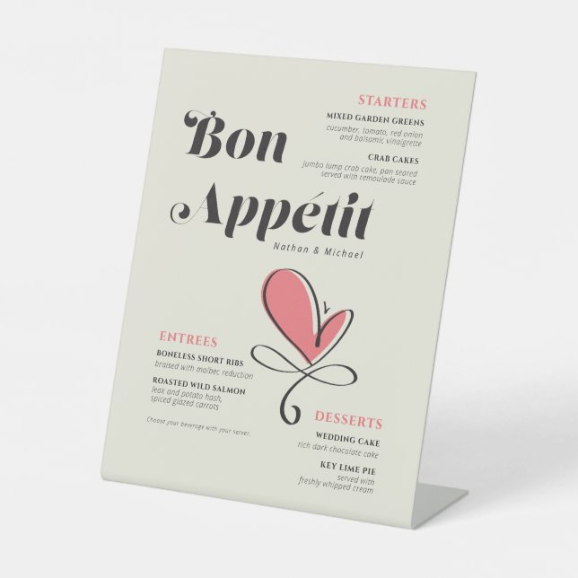 Bon Appetit Wedding Dinner Salmon Heart  Pedestal  Pedestal Sign (Front)