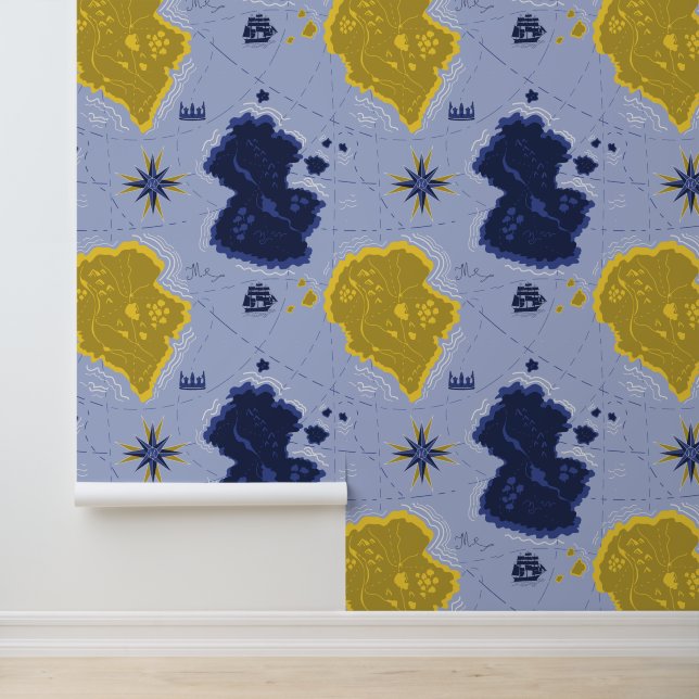 Bon Voyage Blue & Yellow Nautical Map Wallpaper (Application)