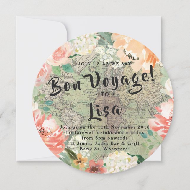 Bon Voyage Farewell Vintage World Map Floral Invitation (Front)