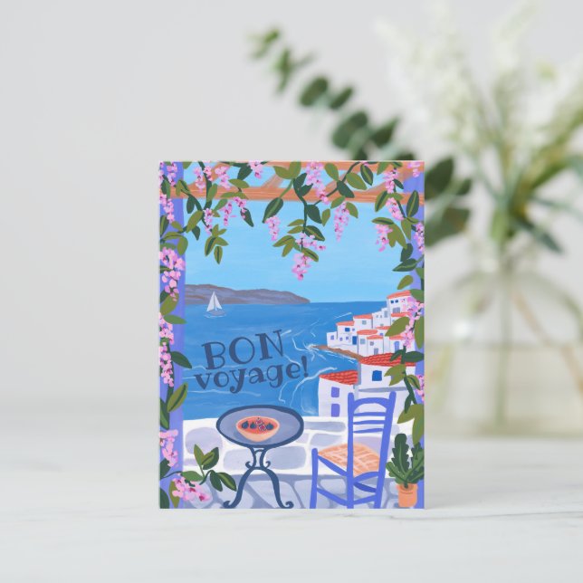 BON VOYAGE Flowers Terrace Greek Island Postcard (Standing Front)