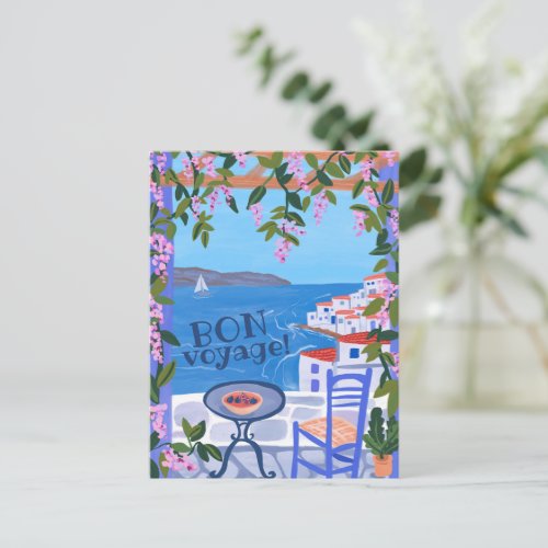 BON VOYAGE Flowers Terrace Greek Island Postcard