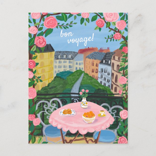 BON VOYAGE Flowers Terrace Tea Time Paris Postcard (Front)