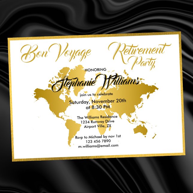 Bon Voyage Golden Border Worldmap Retirement Party Invitation (Creator Uploaded)