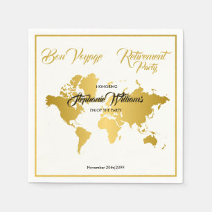 Bon Voyage Golden Border Worldmap Retirement Party Napkins