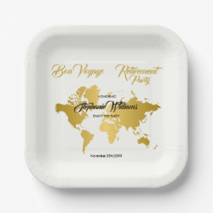 Bon Voyage Golden Border Worldmap Retirement Party Paper Plates