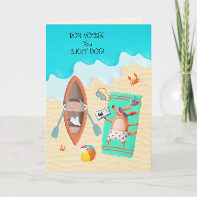 Bon Voyage Lucky Dog Sunbathing on the Beach Card (Front)