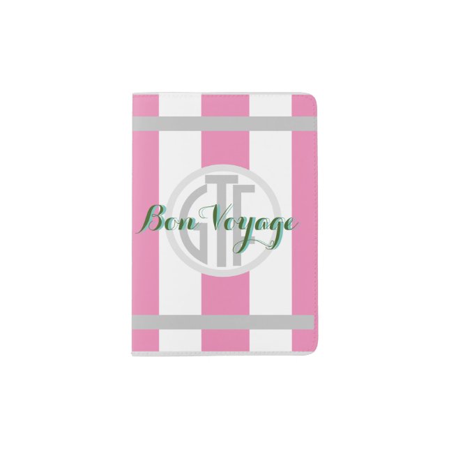 BON VOYAGE over Monogram on PINK & WHITE  CABANA Passport Holder (Front)