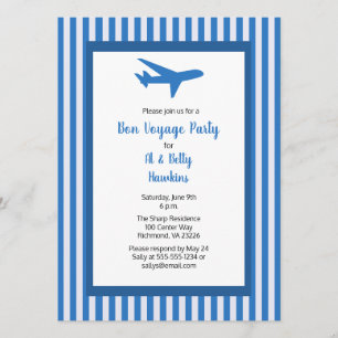 Bon Voyage Party Airplane Couple Blue Stripes Invitation