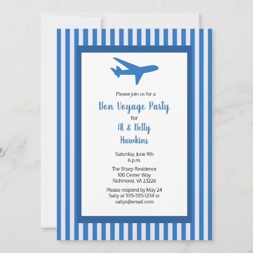 Bon Voyage Party Airplane Couple Blue Stripes Invitation