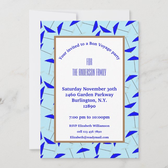 Bon voyage party with blue umbrella pattern invitation (Front)