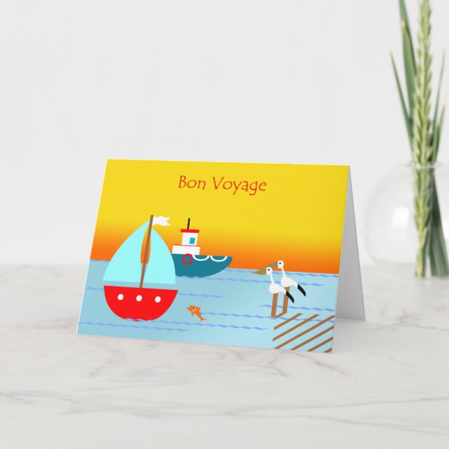 Bon Voyage, Pelicans, Boats, and Sunset Card (Front)