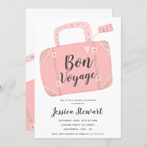 Bon voyage suitcase rose gold pink leaving party invitation