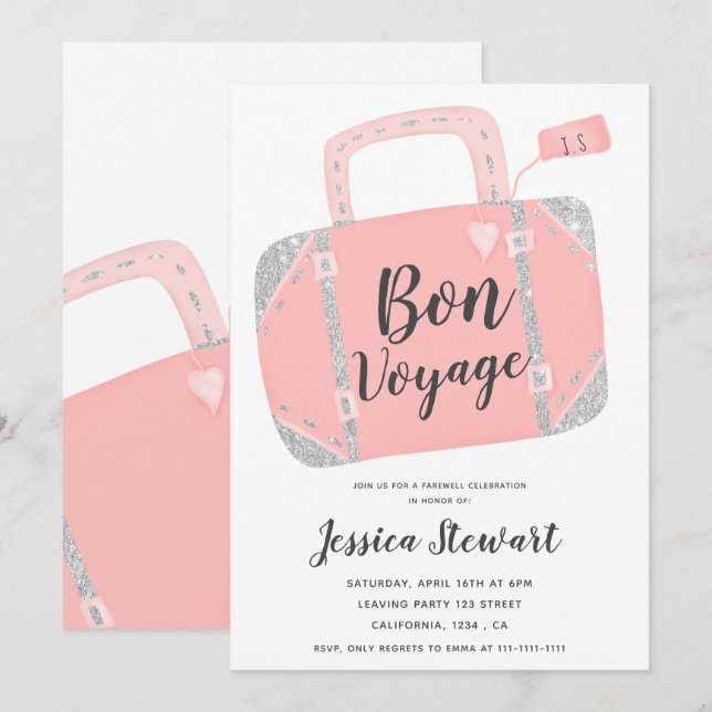 Bon voyage suitcase silver pink leaving party invitation (Front/Back)