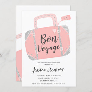 Bon voyage suitcase silver pink leaving party invitation