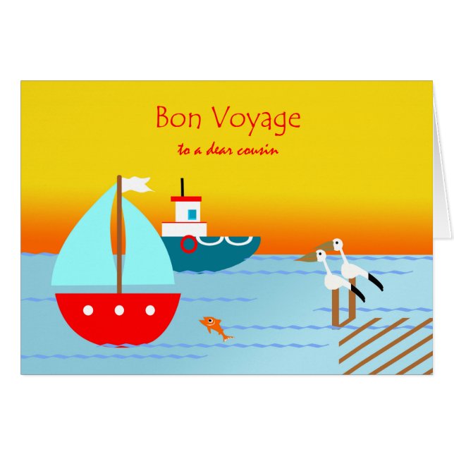 Bon Voyage to Cousin, Boats, Pelicans, Sunset (Front Horizontal)