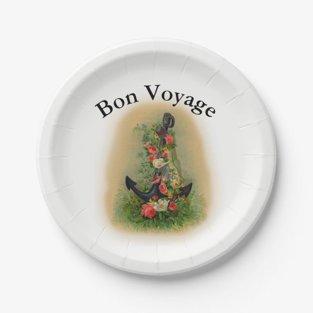 Bon Voyage with Anchor and Flowers Paper Plates (Front)