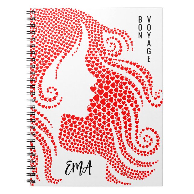 Bon Voyage Woman Silhouette in Red Hearts Monogram Notebook (Front)