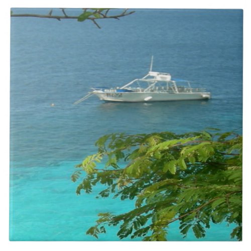 Bonaire Ocean View with Boat Ceramic Tile