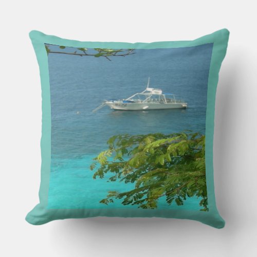 Bonaire Ocean View with Boat Throw Pillow