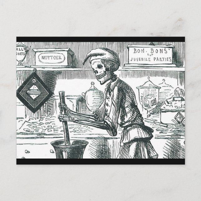 "BonBons for Juvenile Parties" Evil Pharmacist Postcard (Front)