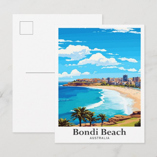 Bondi Beach Australia Vintage Travel Illustration Postcard (Front/Back)