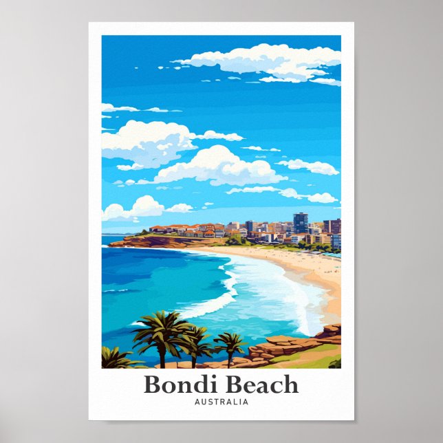 Bondi Beach Australia Vintage Travel Illustration Poster (Front)