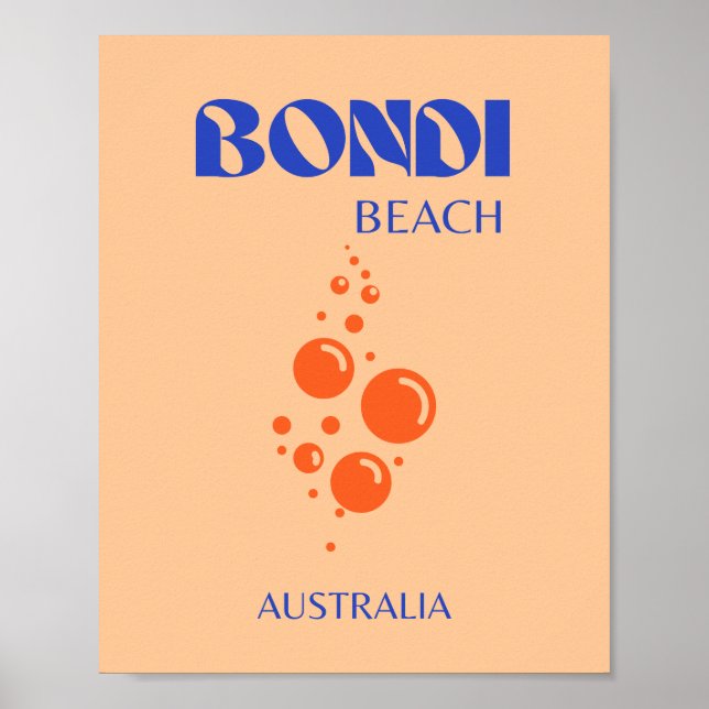Bondi Beach, Preppy Art, Orange, Blue Poster (Front)