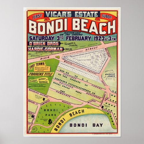 Bondi Beach Vicars Estate Vintage Auction Poster