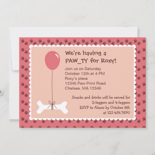 Bone and Balloon Dog Birthday Girl Party Invitatio Custom Invite