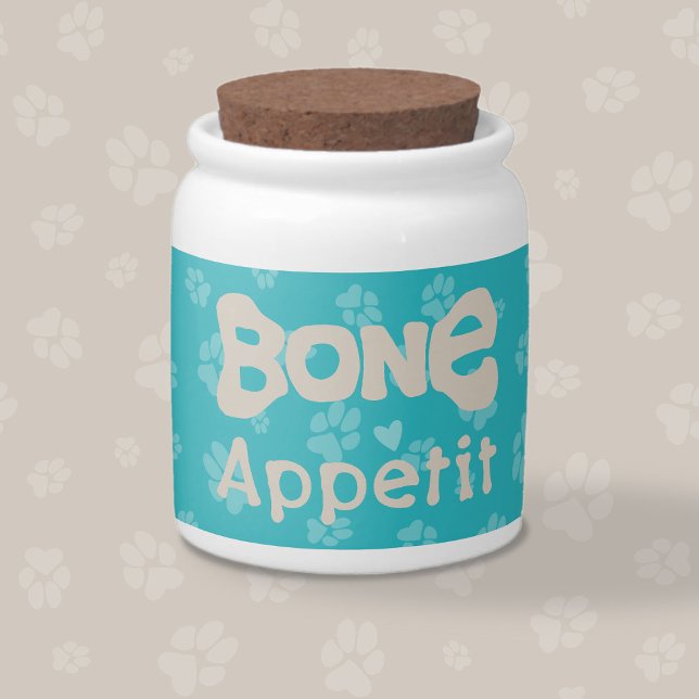 Bone appetit Funny text Paw prints Cute Dog treat Candy Jar (Creator Uploaded)
