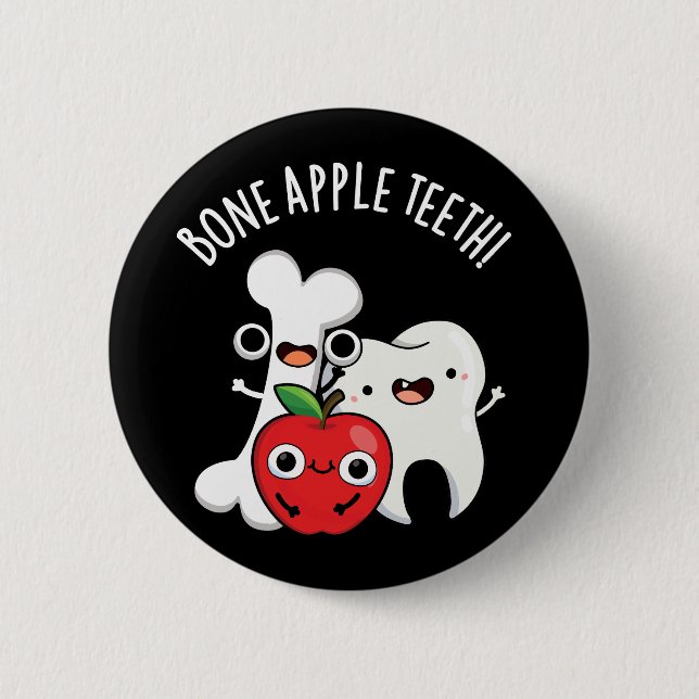 Bone Apple Teeth Funny Bona Appetit Pun Dark BG Button (Front)