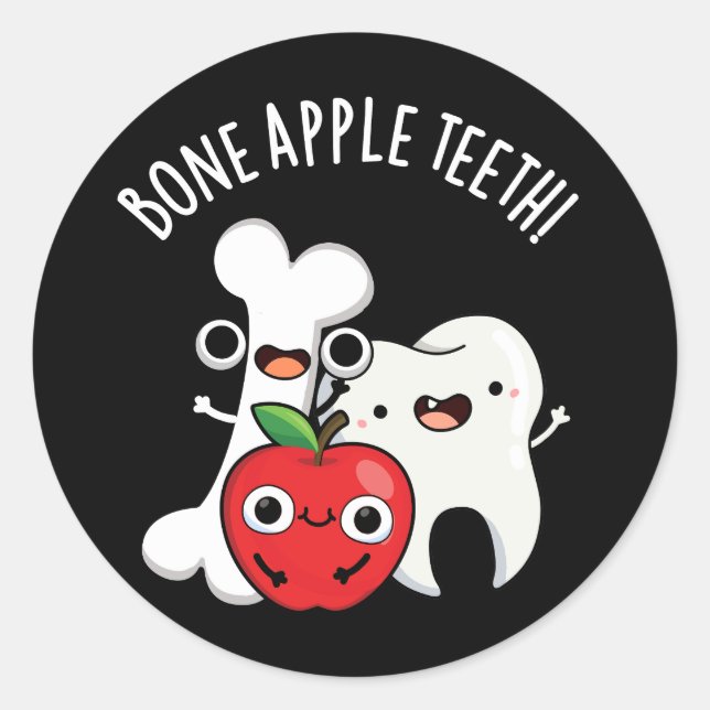 Bone Apple Teeth Funny Bona Appetit Pun Dark BG Classic Round Sticker (Front)