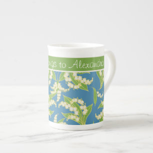 Bone China Coffee Mug: Lilies of the Valley, Blue Mug