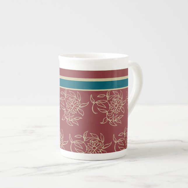 Bone China Coffee Mug, Maroon Blue Floral Mug (Front Right)