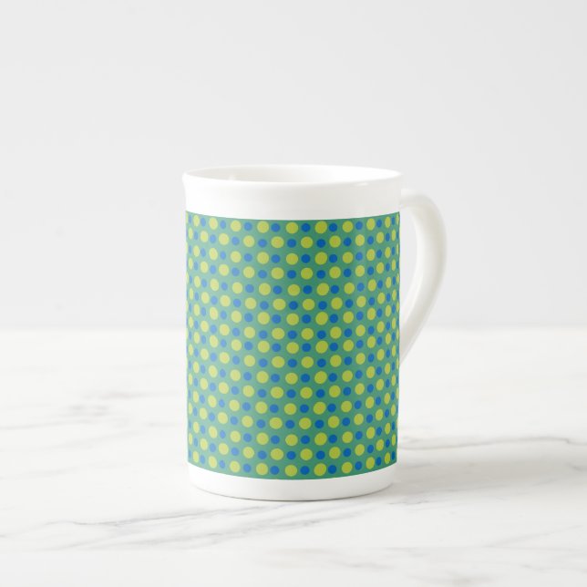 Bone China Mug, Blue and Green Polka Dots Bone China Mug (Front Right)