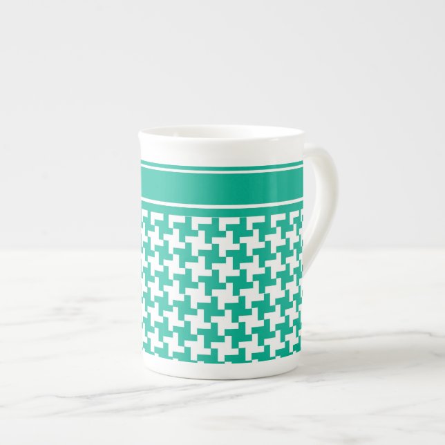 Bone China Mug, Emerald Green Dogtooth Check Mug (Front Right)