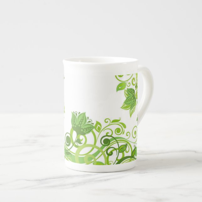 Bone China Mug-Green Floral Bone China Mug (Front Right)