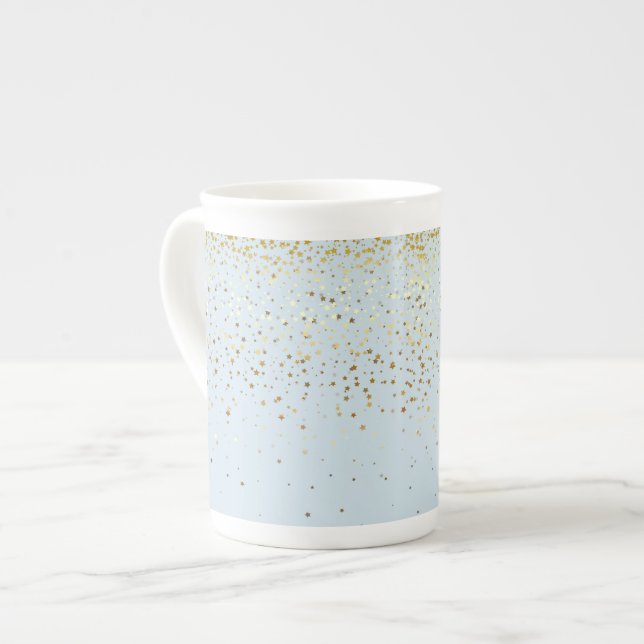 Bone China Mug-Petite Golden Stars-Blue Bone China Mug (Front Left)