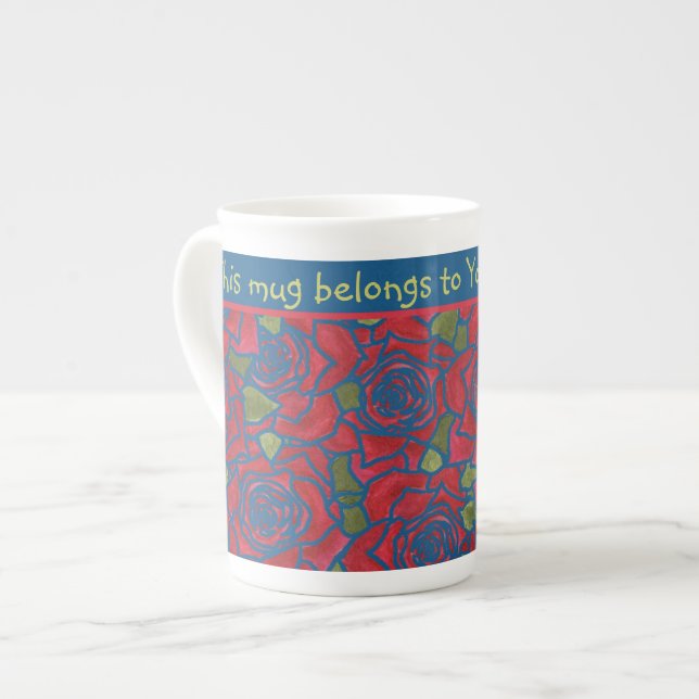 Bone China Mug to Personalize: Red Roses Dark Blue (Front Left)