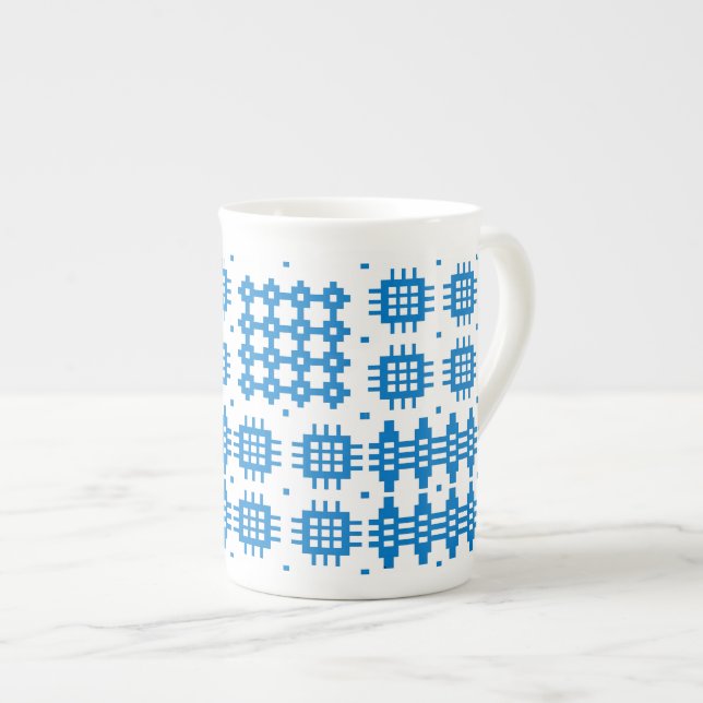 Bone China Mug Welsh Tapestry Pattern, Bright Blu (Front Right)