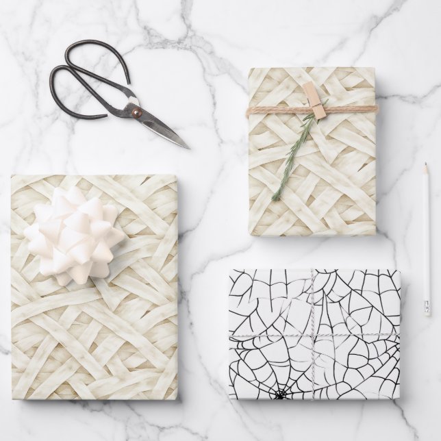Bone Cream Mummy Wrap Spider Webs Halloween Wrapping Paper Sheets (Front)