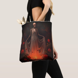 Bone girl wearing a wedding dress in a forest  tote bag
