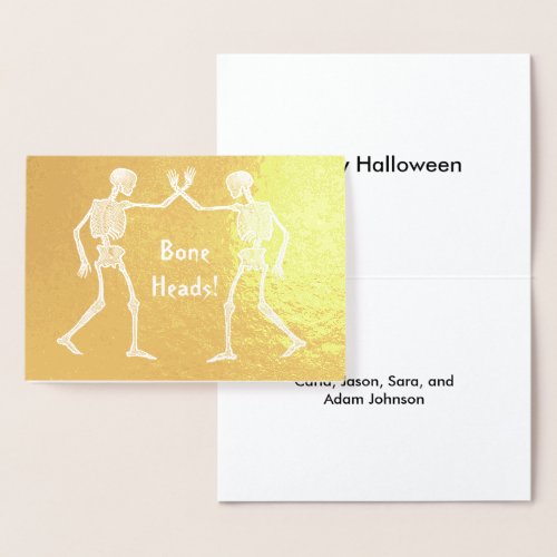 Bone Heads Skeletons Custom Names Happy Halloween Foil Card