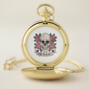 Bone to Be Wild Skull Roses Pocket Watch