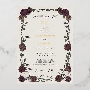 Bone White Gothic Roses Gold Foil Wedding Invitation