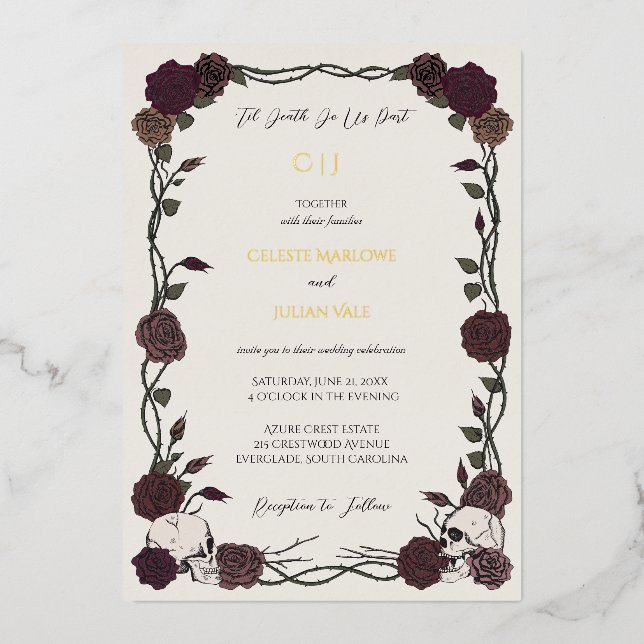 Bone White Gothic Roses Gold Foil Wedding Invitation (Front)