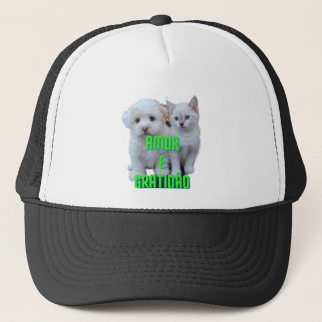 Boné with Cat and Dog and Message Love and... Trucker Hat (Front)